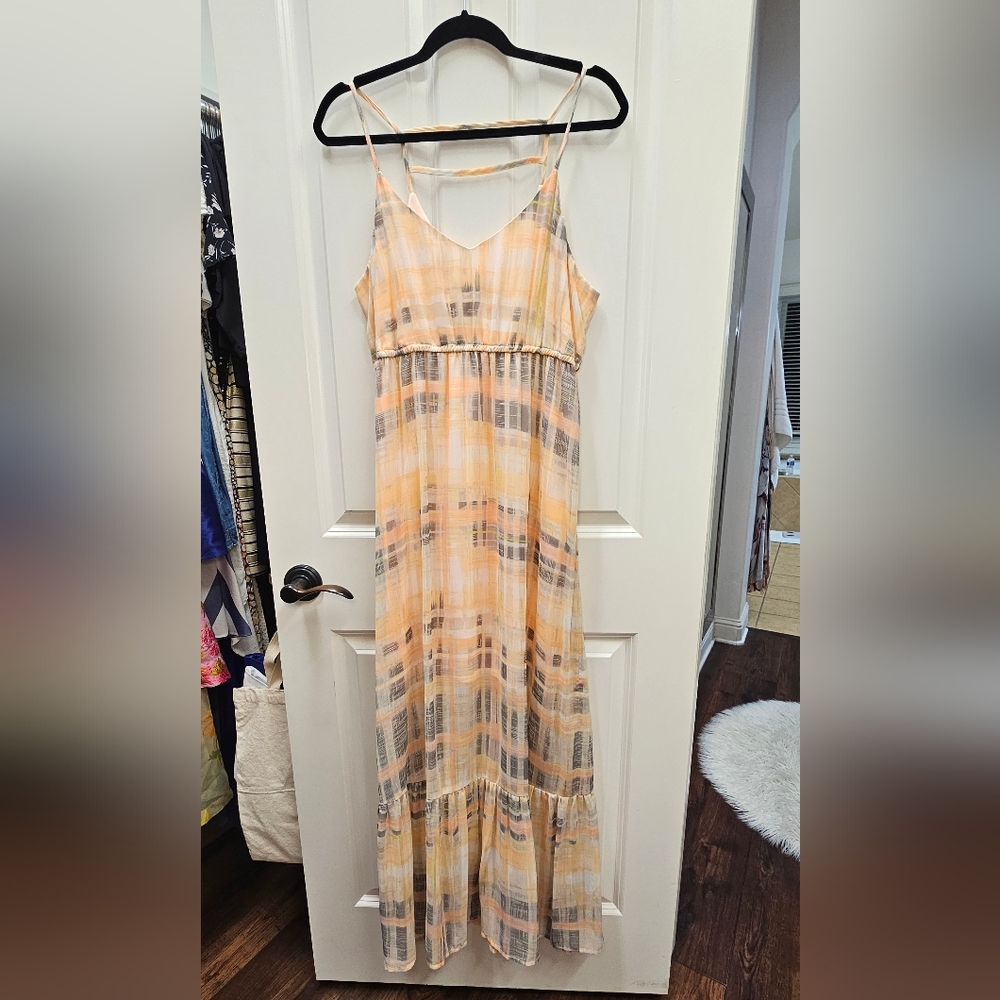 Maurices Peach and Gray Striped Spaghetti Strap Maxi Dress